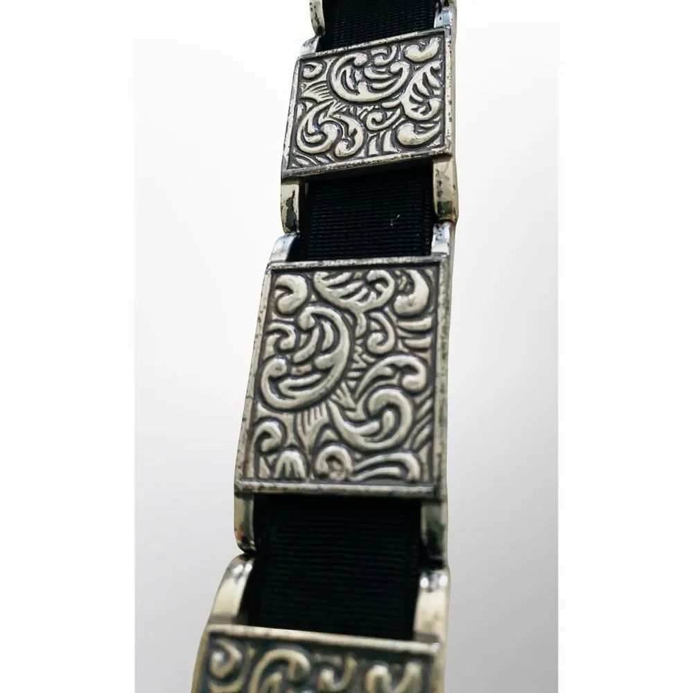 Vintage 70s Silver Etched Link Elastic Waist Boho Belt Western Filigree Retro